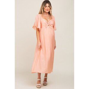 Chic Peach Midi Maternity Dress with Bow Detail - Pink Blush Maternity